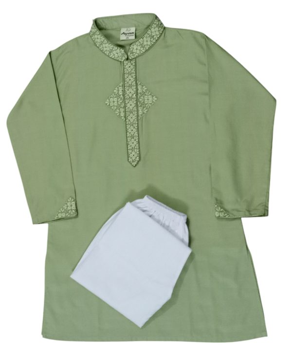 Green Olive Color Cotton Panjabi-Pajama Set for 2 Years Baby Boys to 10 Years Boys EID Collection